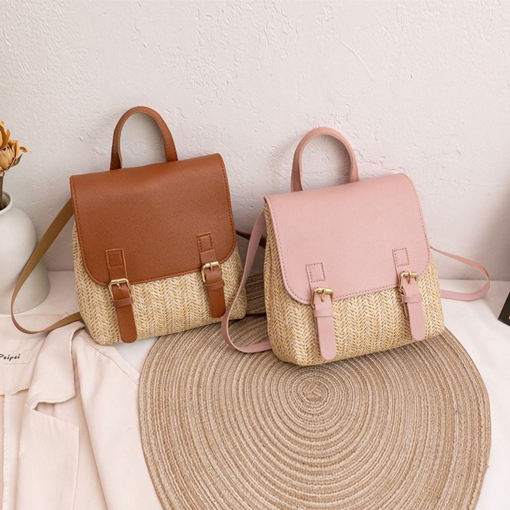 Leather Backpack Vintage - Mochila de Piel Sintética y Paja